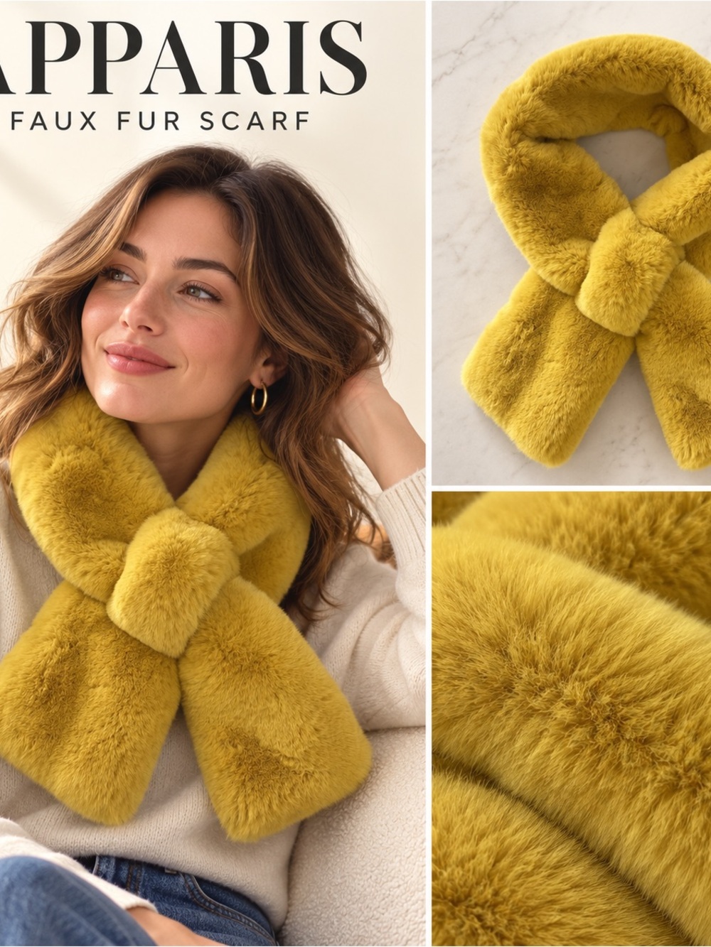 Apparis Mustard Yellow Faux Fur Scarf - Plush Neck Wrap